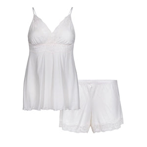 Krótka piżama z koronkowym topem i szortami, kremowa_5