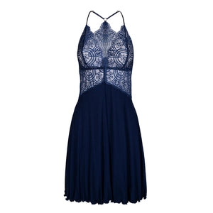 Krótka koszulka nocna z koronkową górą, granatowa_4