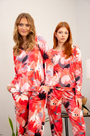 Długa piżama z weluru z dekoltem V i kieszeniami, kwiatowy druk