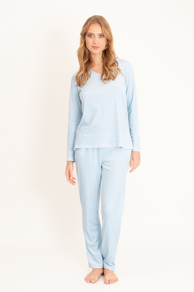 Długa piżama z weluru z dekoltem V i kieszeniami, błękitna_2