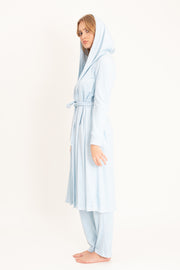 Szlafrok welurowy midi z kapturem i kieszeniami, błękitny