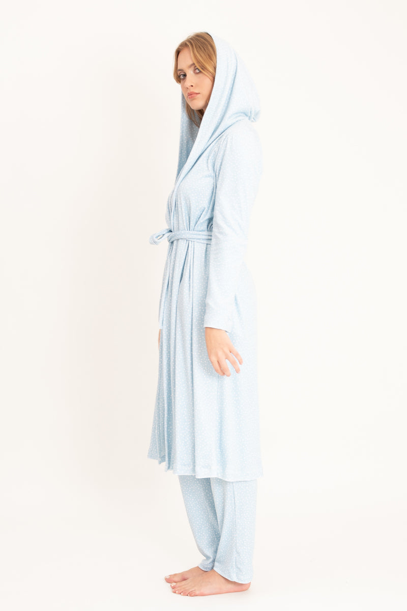 Szlafrok welurowy midi z kapturem i kieszeniami, błękitny