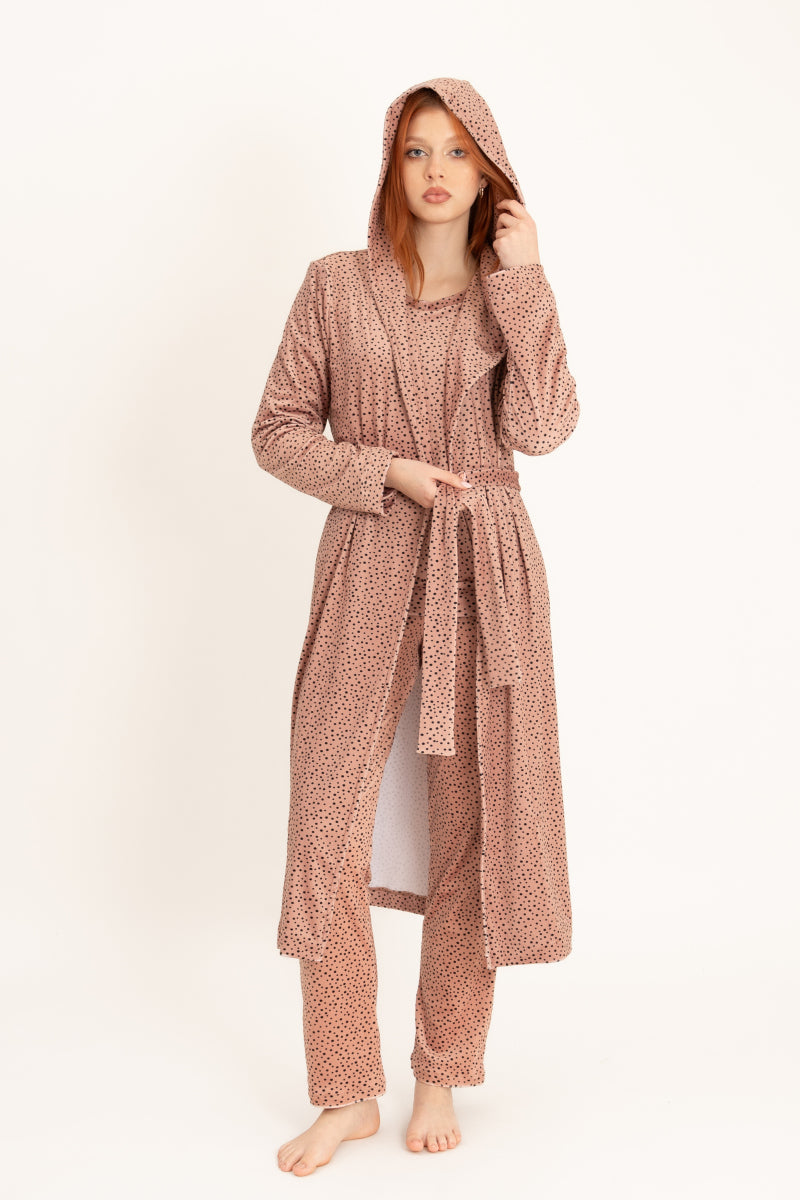 Szlafrok welurowy midi z kapturem i kieszeniami, beżowy_2