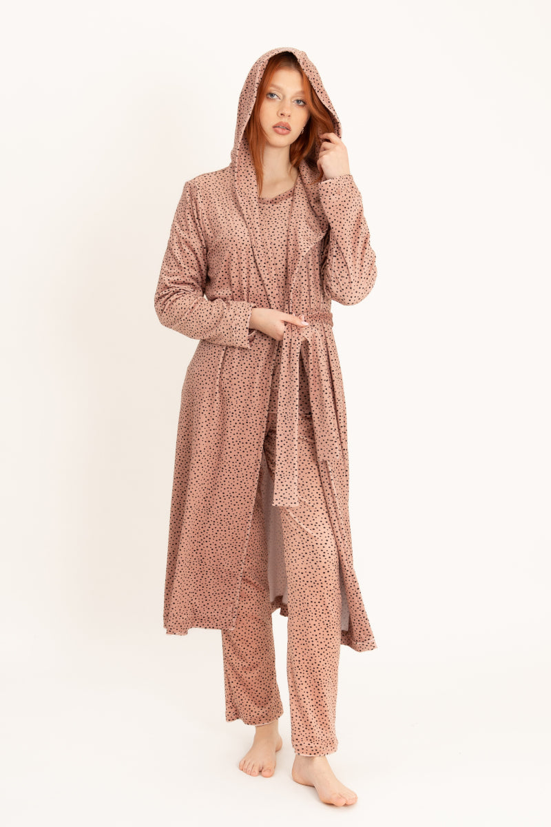 Szlafrok welurowy midi z kapturem i kieszeniami, beżowy_3