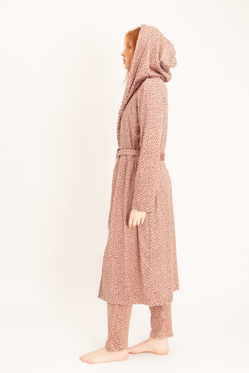 Szlafrok welurowy midi z kapturem i kieszeniami, beżowy_5