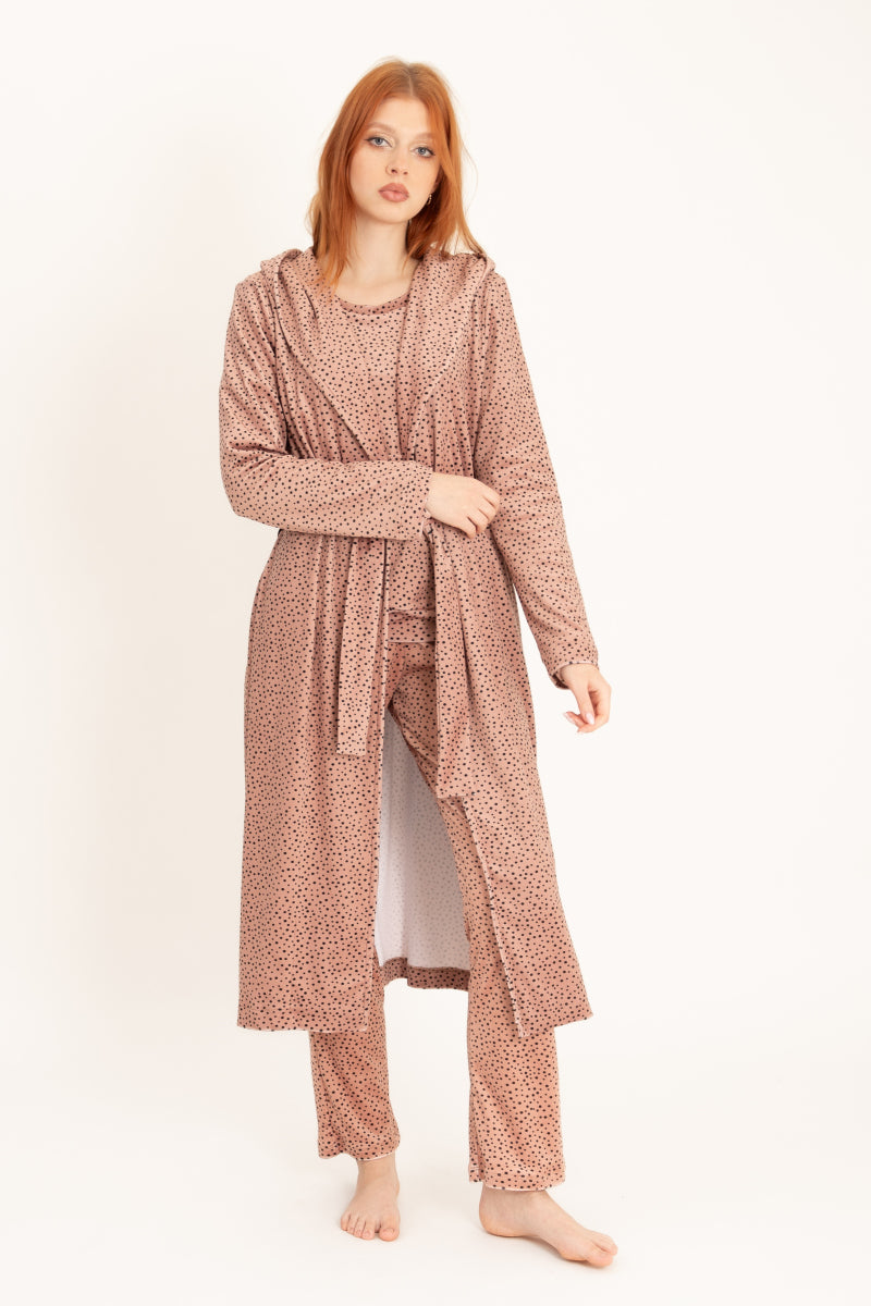 Szlafrok welurowy midi z kapturem i kieszeniami, beżowy_7