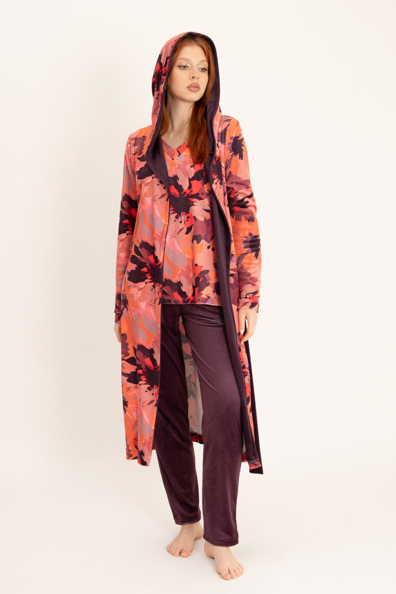 Szlafrok welurowy midi z kapturem i kieszeniami, fioletowy druk_3