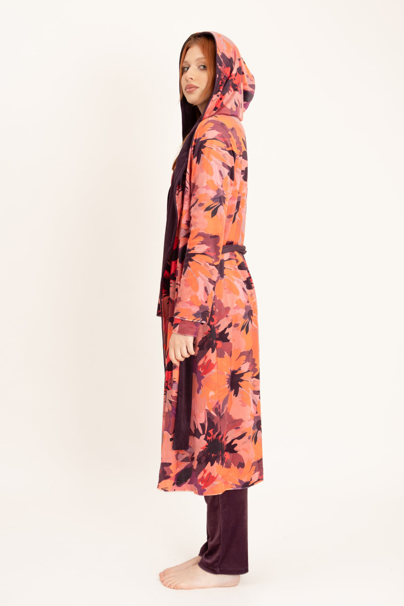 Szlafrok welurowy midi z kapturem i kieszeniami, fioletowy druk_2