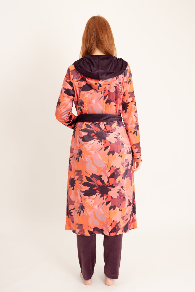 Szlafrok welurowy midi z kapturem i kieszeniami, fioletowy druk_4