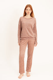 Welurowa piżama damska z kieszenią kangurką, beżowa