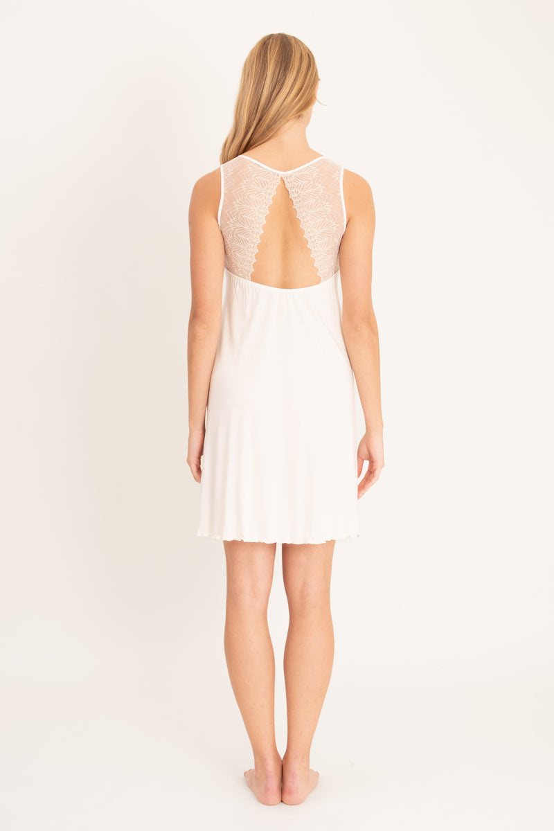 Krótka koszulka nocna z koronkowym wykończeniem, kremowa_2