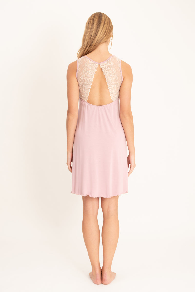 Krótka koszulka nocna z koronkowym wykończeniem, lila róż_2