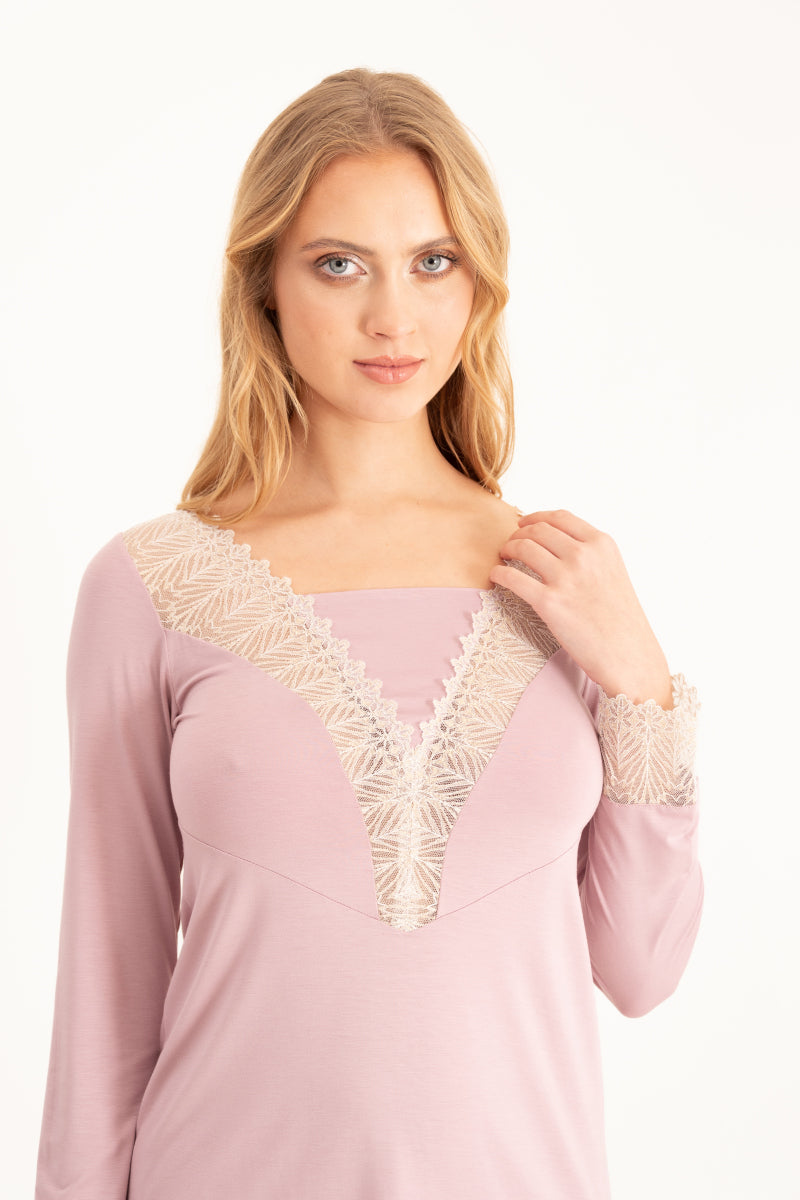 Długa piżama z koronkowymi detalami, różowa_2