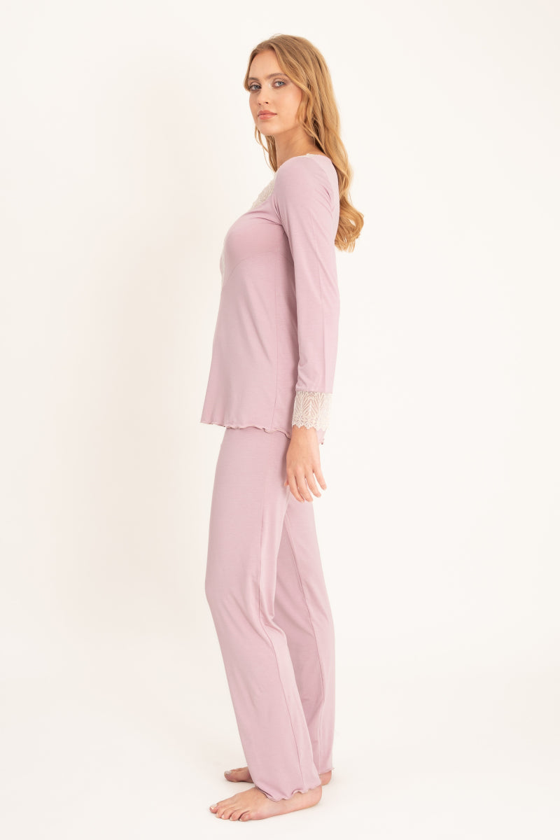 Długa piżama z koronkowymi detalami, różowa_3