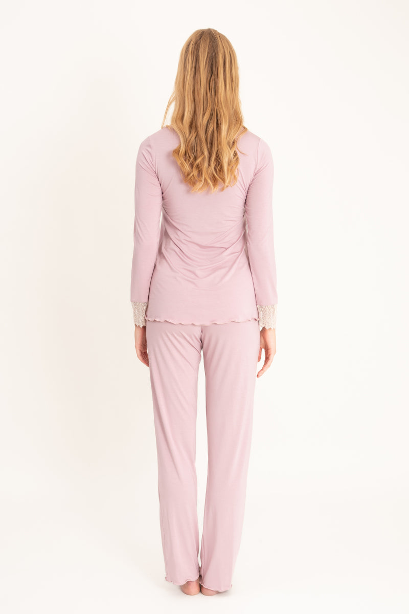 Długa piżama z koronkowymi detalami, różowa_5