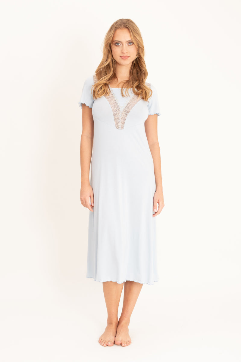 Błękitna koszula nocna midi z koronkowymi wstawkami_4