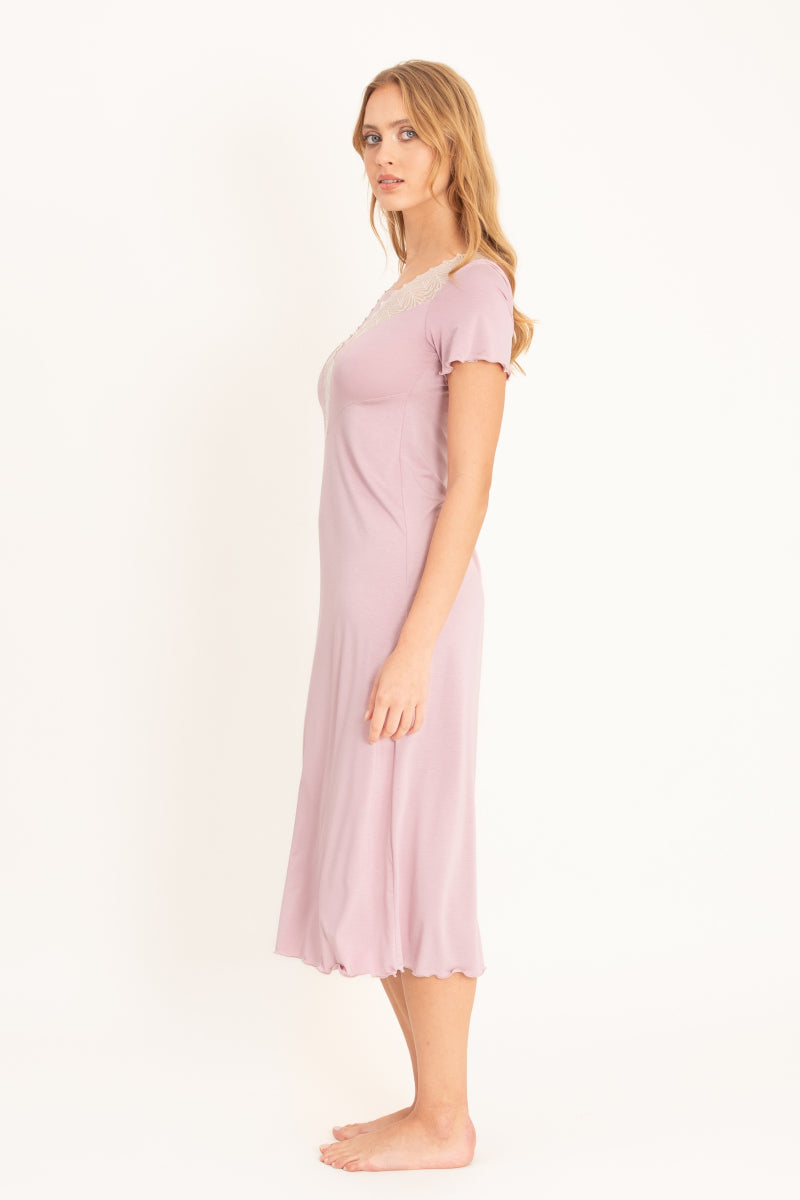 Liliowa koszula nocna midi z koronkowymi wstawkami_3
