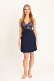 Krótka koszulka nocna z koronkową górą, granatowa