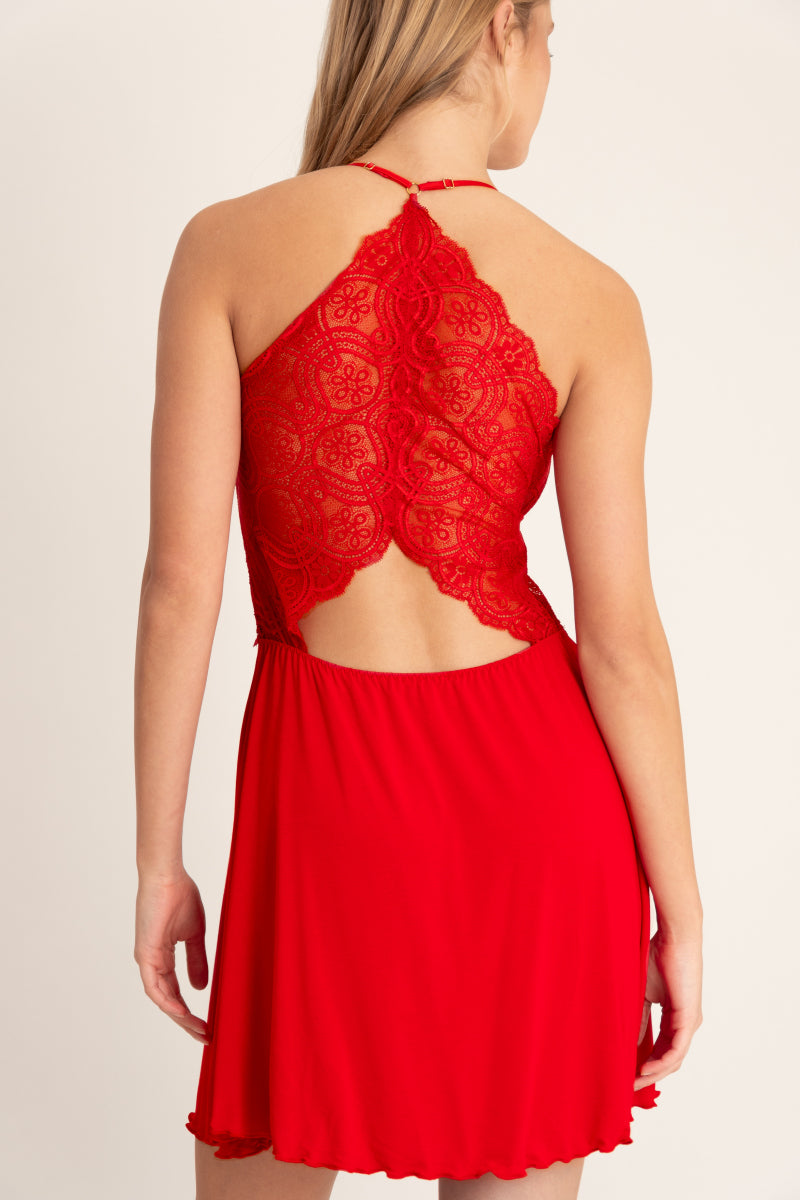 Krótka koszulka nocna z koronkową górą, czerwona_2
