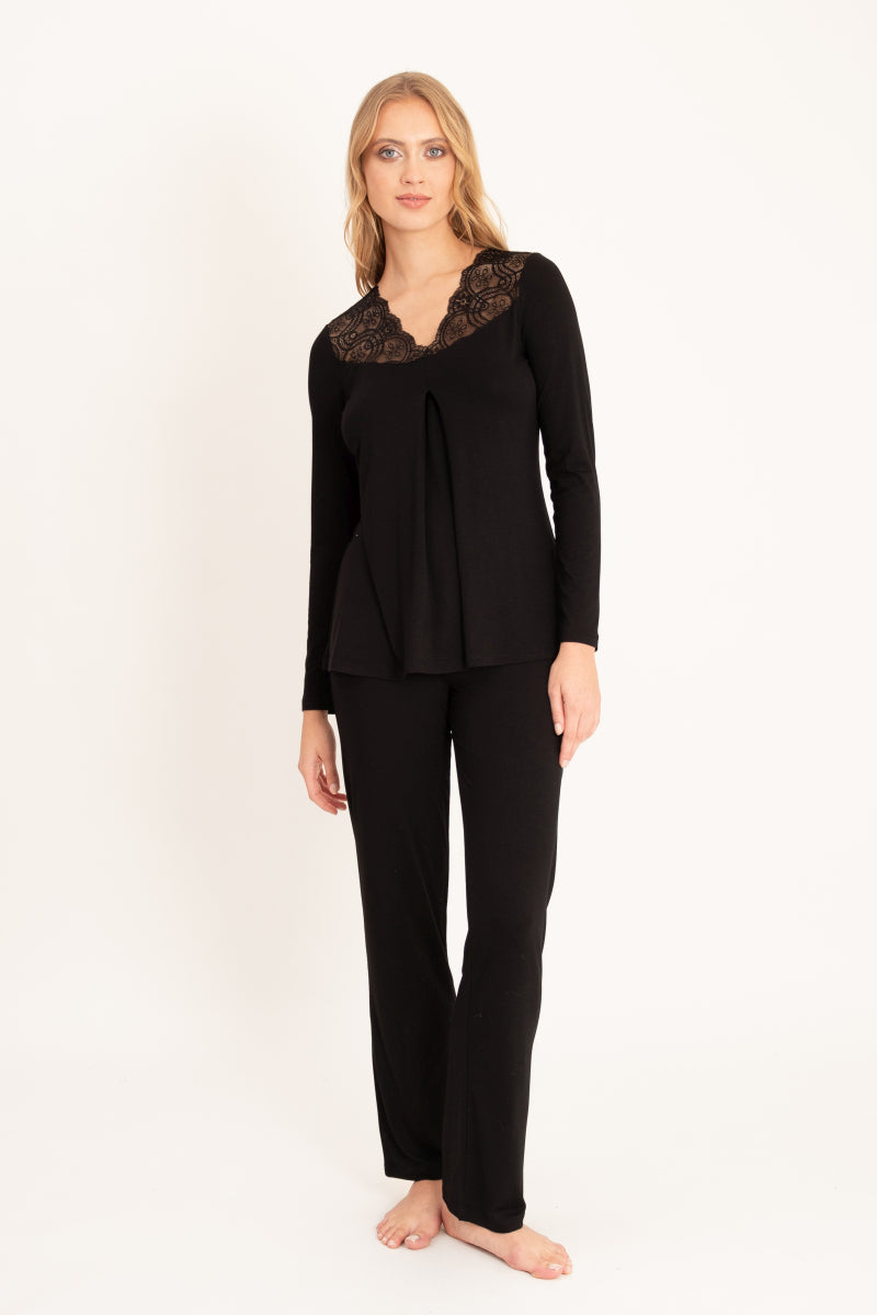 Długa piżama z koronkowym dekoltem, czarna_2