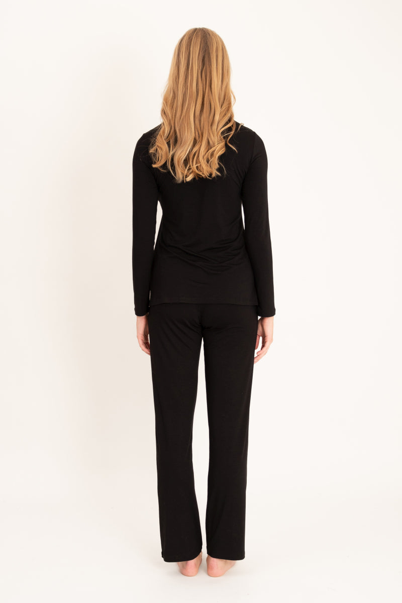 Długa piżama z koronkowym dekoltem, czarna_4