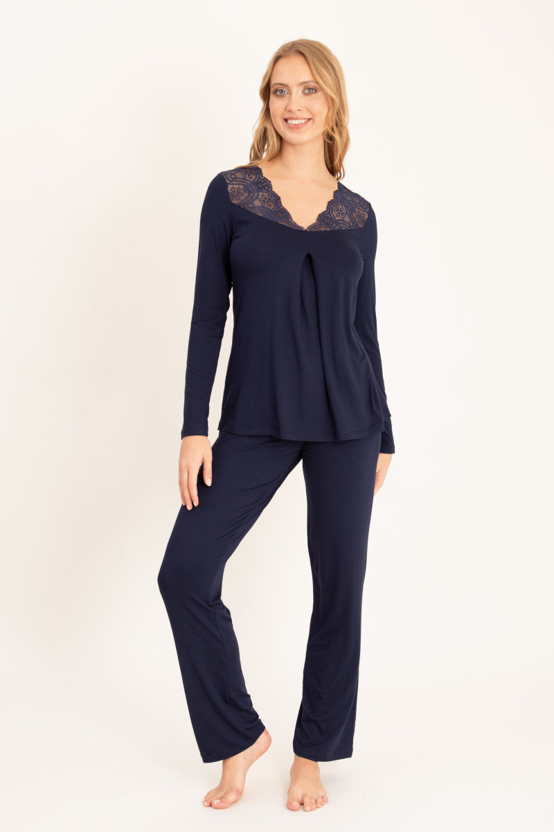Długa piżama z koronkowym dekoltem, granatowa