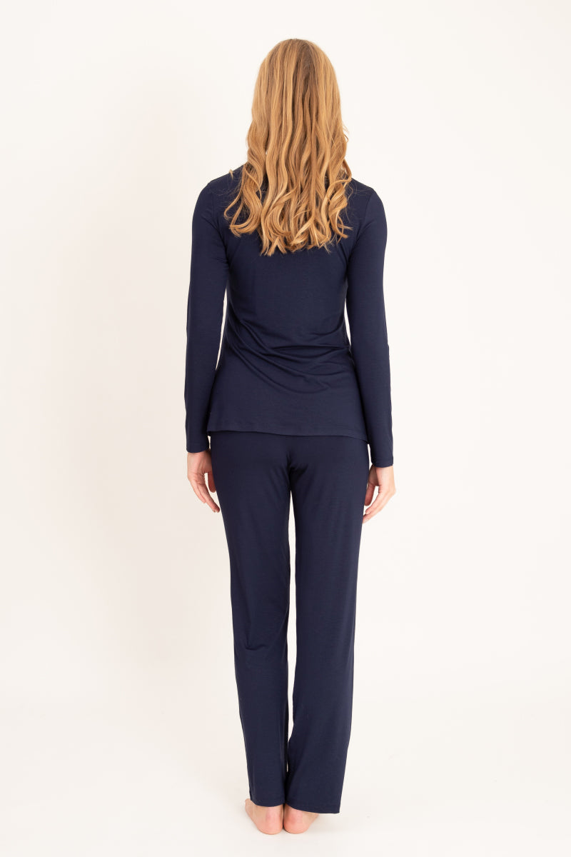 Długa piżama z koronkowym dekoltem, granatowa_3