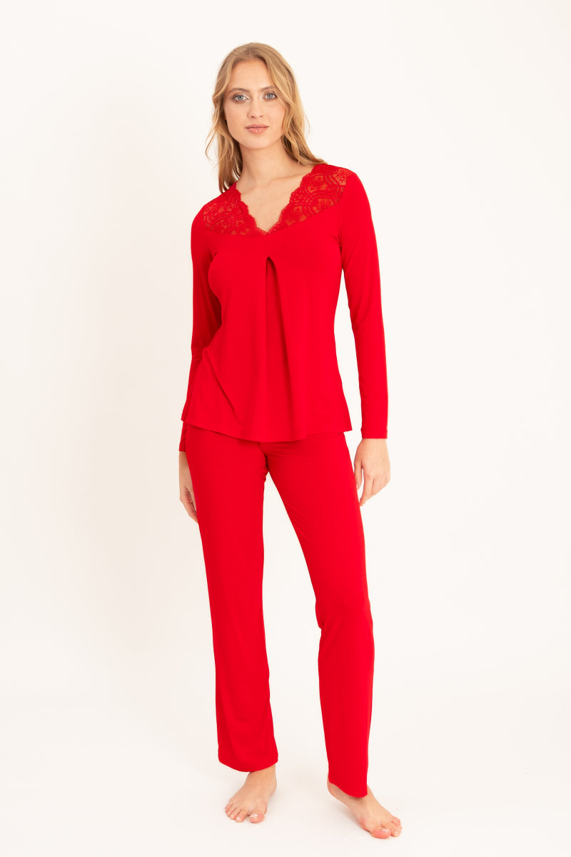 Długa piżama z koronkowym dekoltem, czerwona