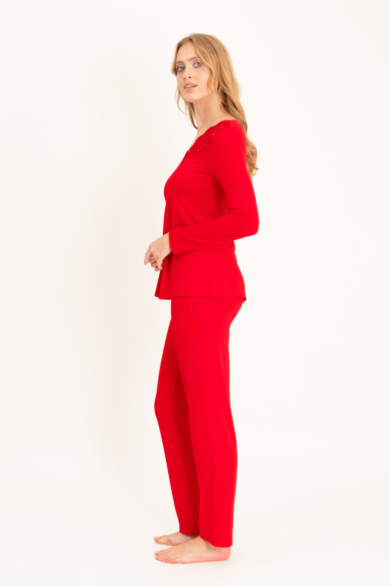 Długa piżama z koronkowym dekoltem, czerwona_2