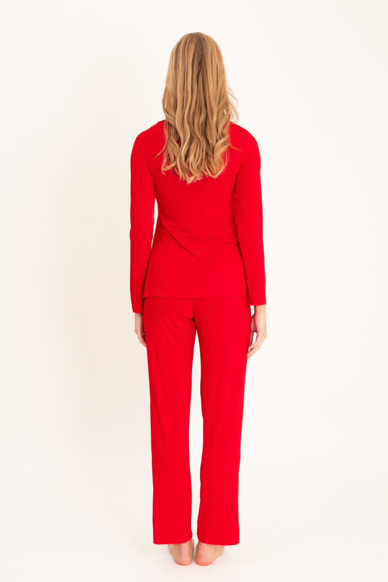 Długa piżama z koronkowym dekoltem, czerwona_3