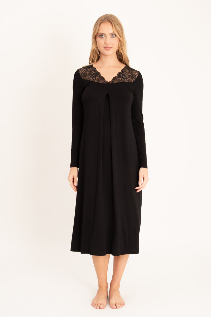Koszula nocna midi z koronkowym dekoltem, czarna