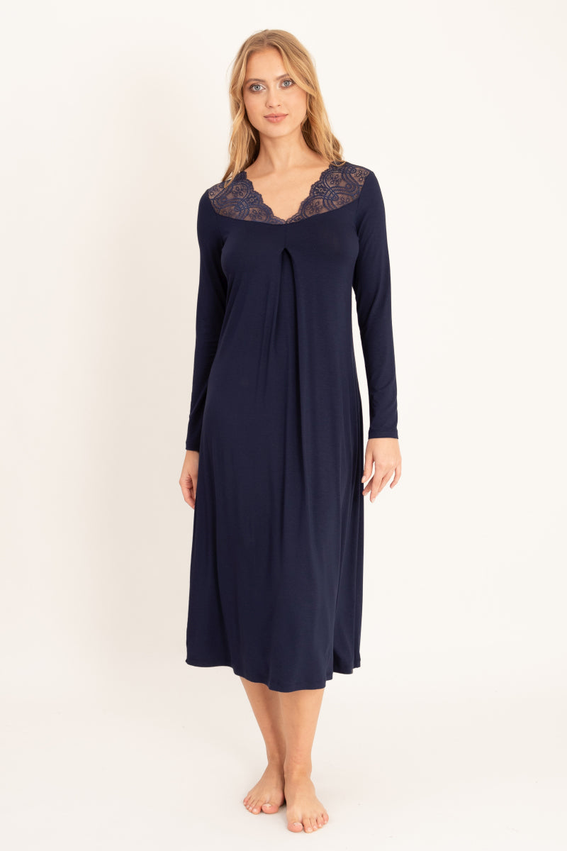 Koszula nocna midi z koronkowym dekoltem, granatowa_3