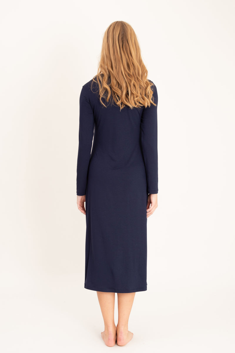 Koszula nocna midi z koronkowym dekoltem, granatowa_4