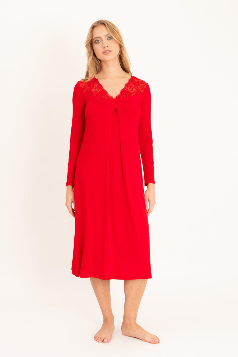 Koszula nocna midi z koronkowym dekoltem, czerwona