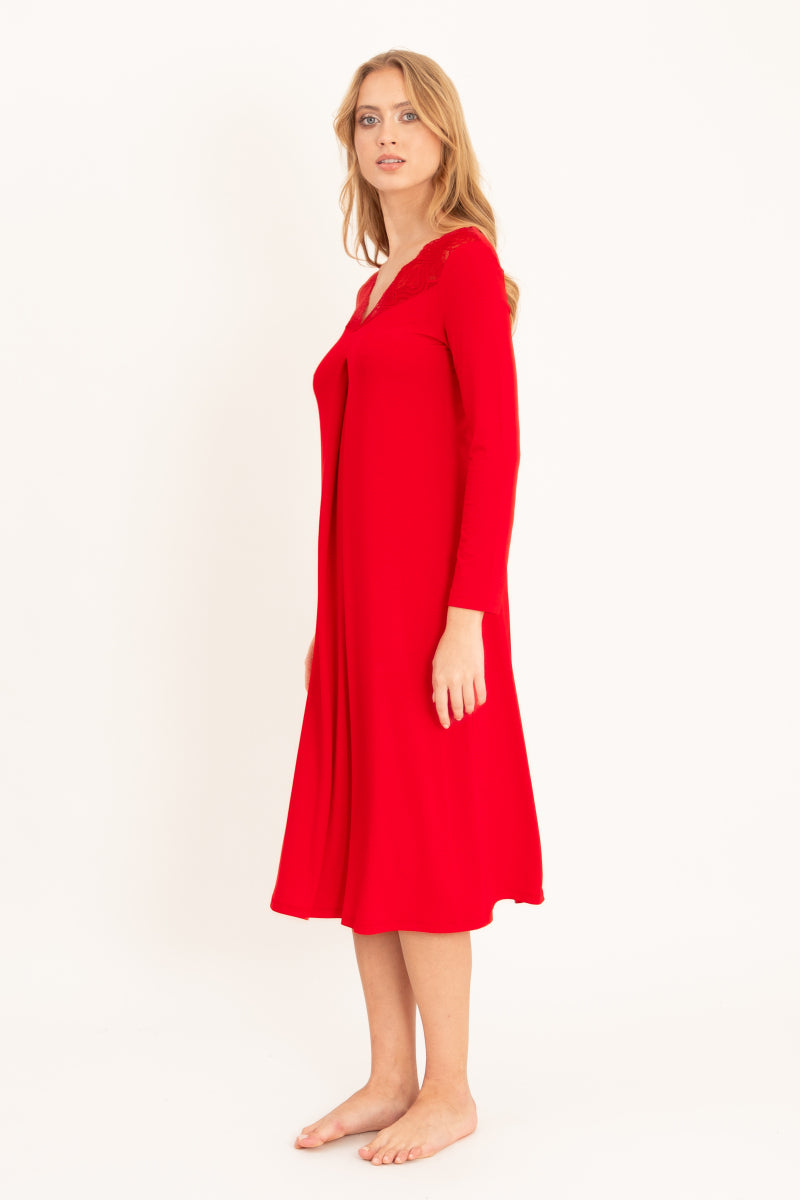 Koszula nocna midi z koronkowym dekoltem, czerwona_2