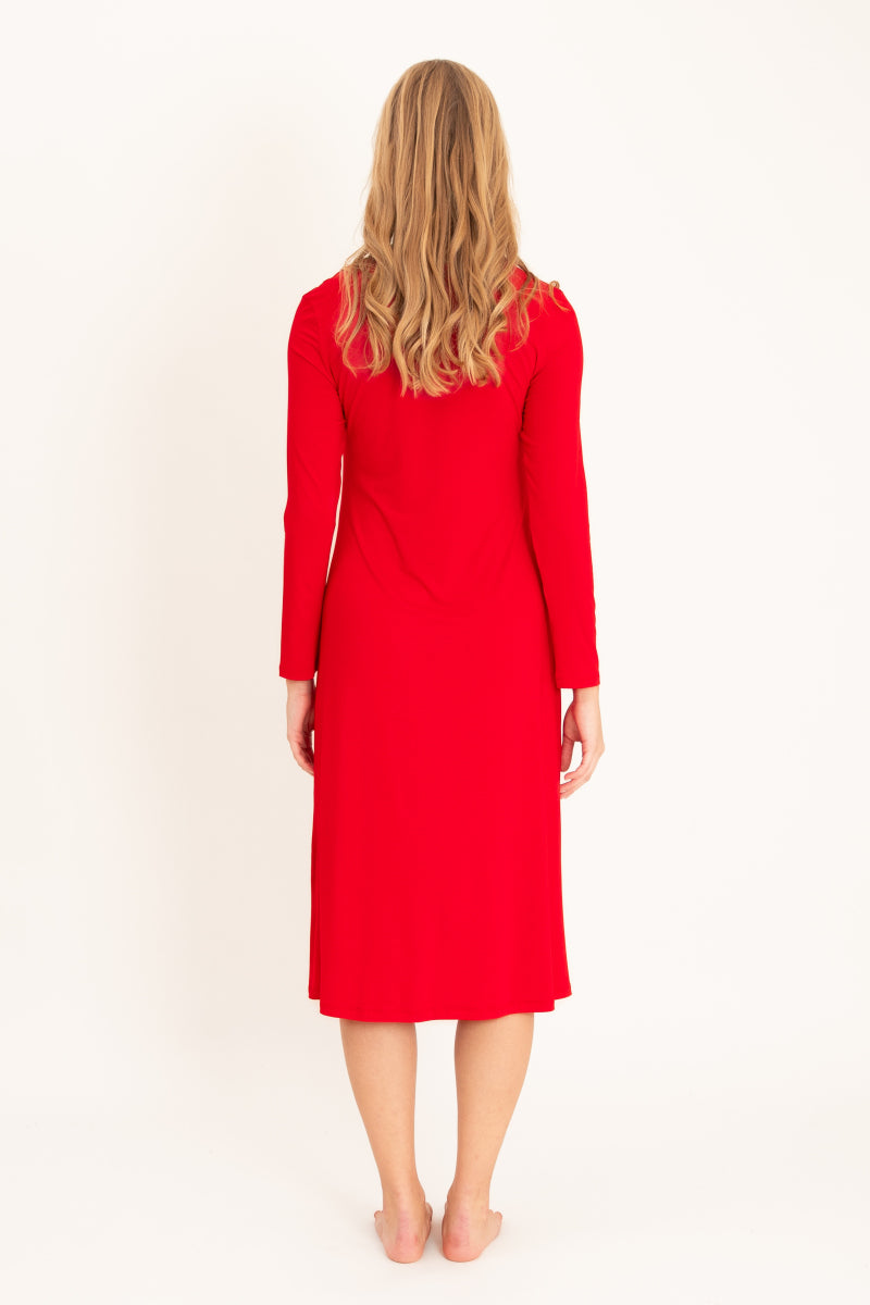 Koszula nocna midi z koronkowym dekoltem, czerwona_3