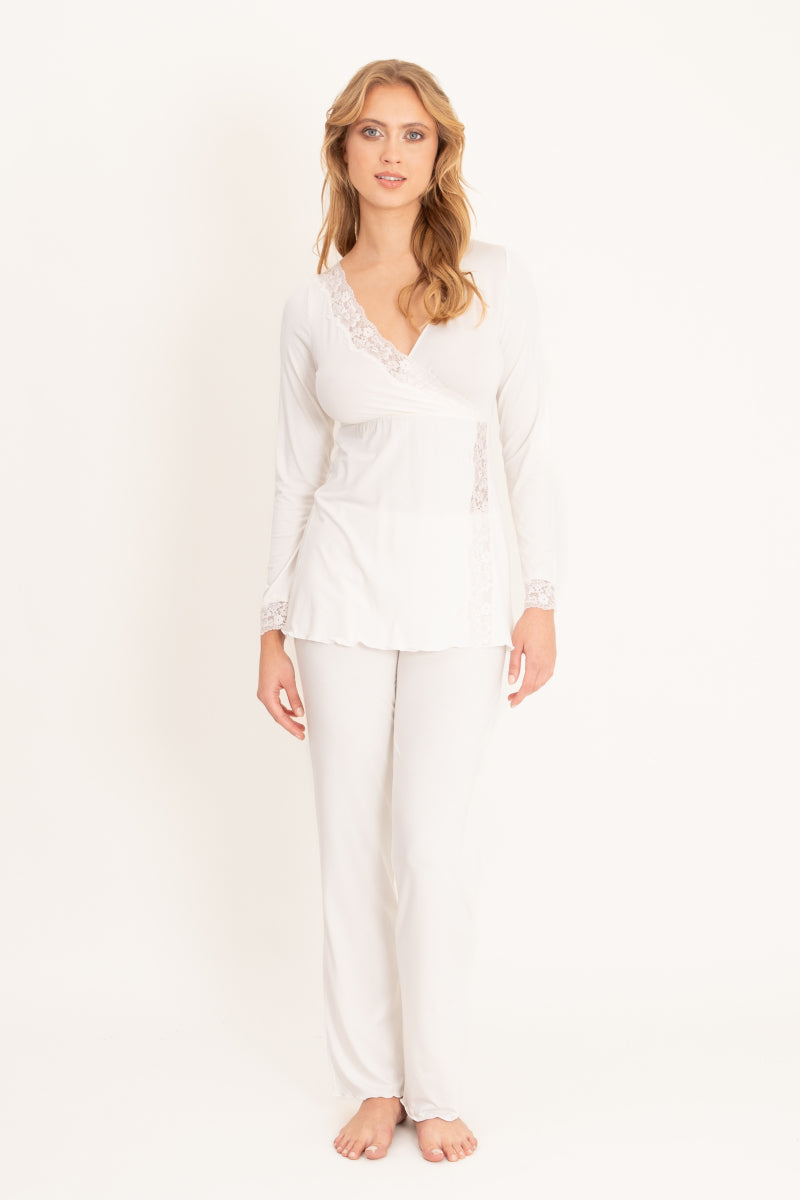 Długa piżama z koronkowym dekoltem, kremowa_3