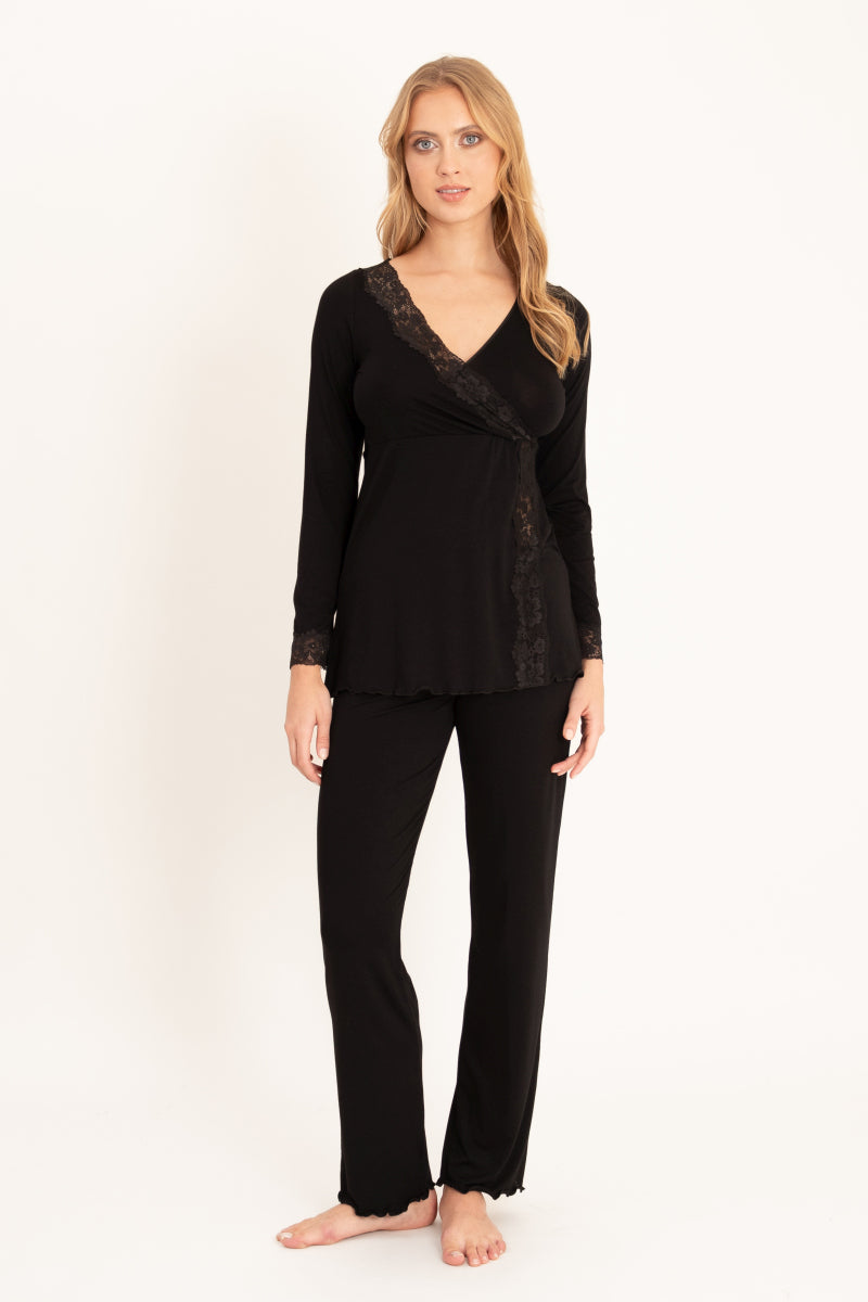 Długa piżama z koronkowym dekoltem, czarna