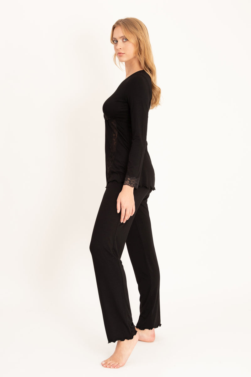 Długa piżama z koronkowym dekoltem, czarna_2