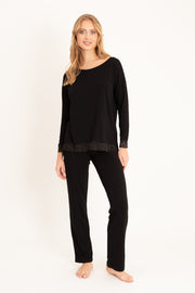 Długa piżama z koronkowym wykończeniem i rozporkami, czarna