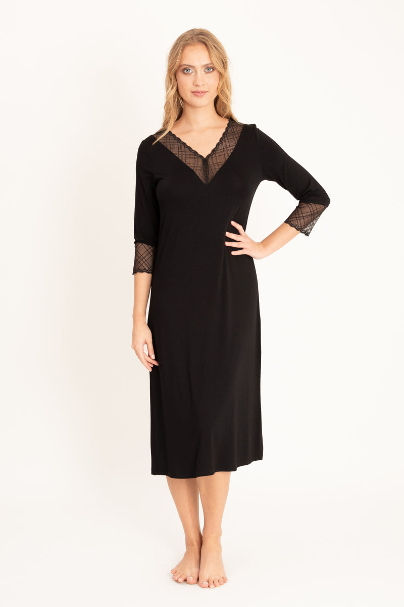 Czarna koszula nocna midi z koronkowymi mankietami_4