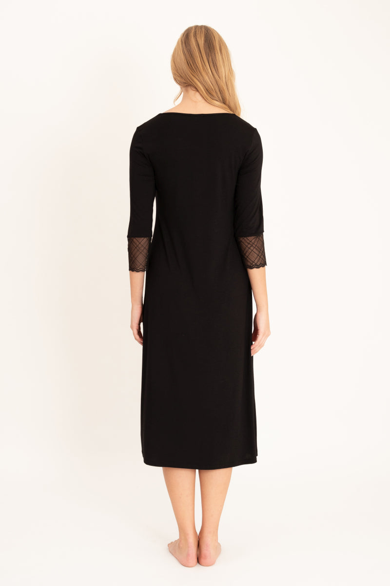 Czarna koszula nocna midi z koronkowymi mankietami_3