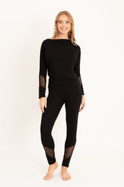 Długa piżama z legginsami i koronkowymi wstawkami, czarna