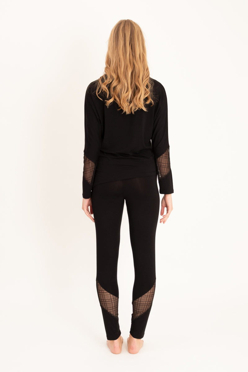 Długa piżama z legginsami i koronkowymi wstawkami, czarna_3