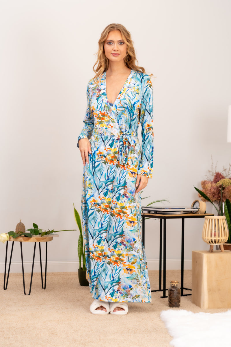 Długi szlafrok kopertowy z roślinnym wzorem