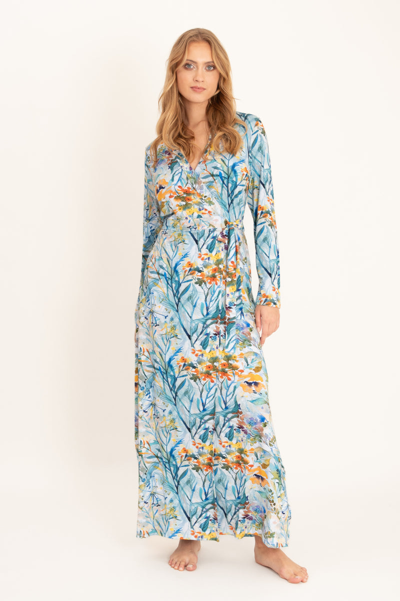 Długi szlafrok kopertowy z roślinnym wzorem_4