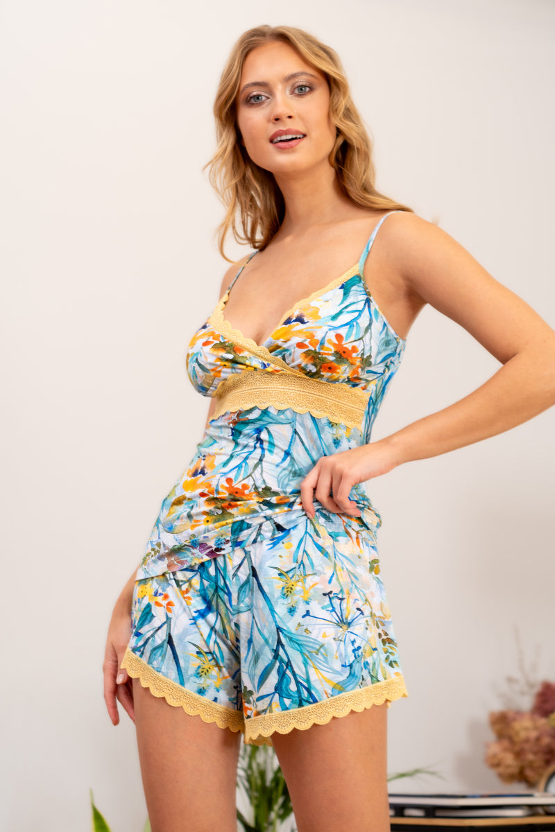 Krótka piżama z żółtą koronką i akwarelowym wzorem