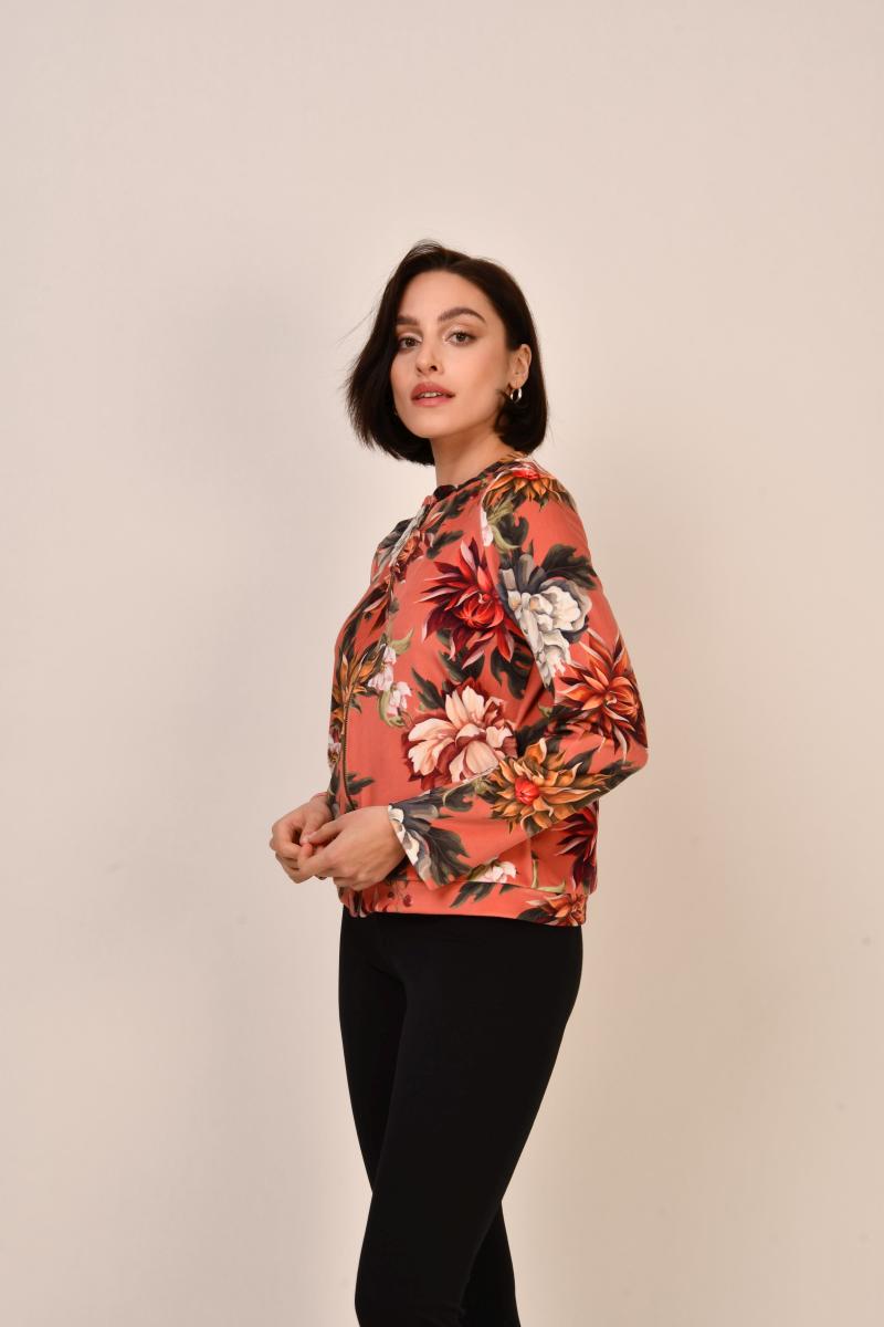 Botanica bluza bomberka z miękkiego weluru w roślinnym wzorze - miedziana