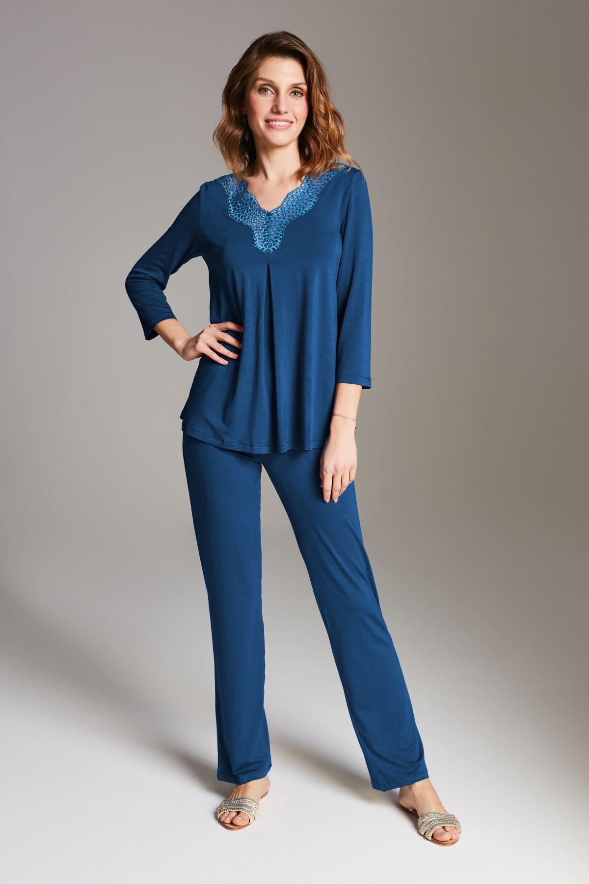 Sterne 3/4 Ärmel Pyjama Set – Dunkelblau