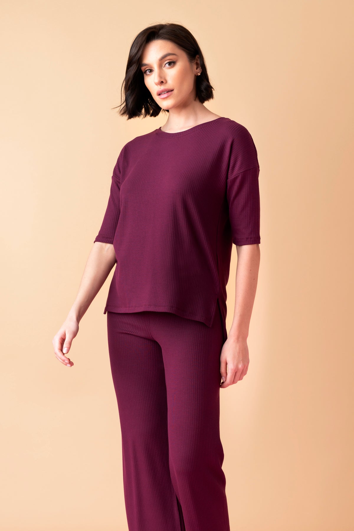 Sonnet długa piżama prążkowana z rękawem 3/4 – merlot_2